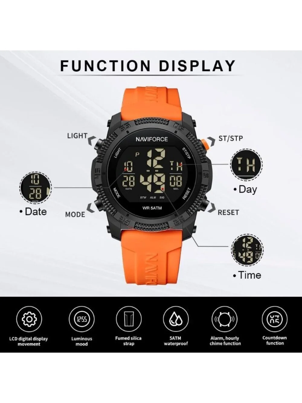 Unisex Orange Analog Quartz Rubber Strap Sports Waterproof Digital Wrist Watch